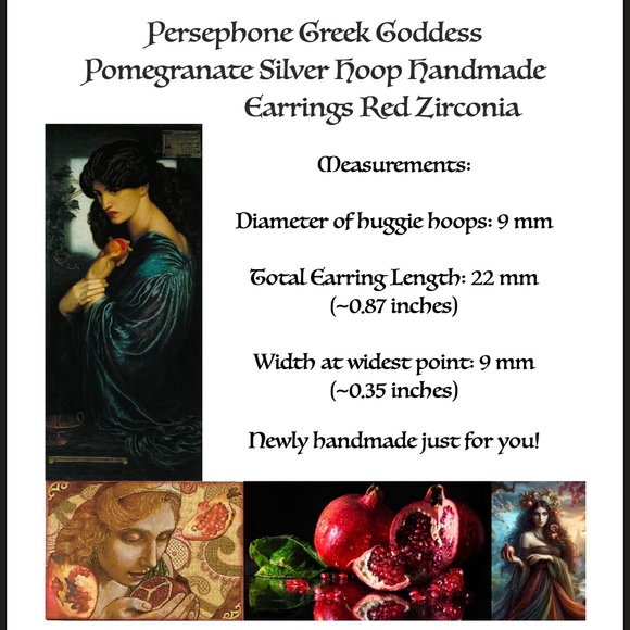 Persephone Greek Goddess Pomegranate Silver Hoop Handmade Earrings Red Zirconia - Picture 13 of 14